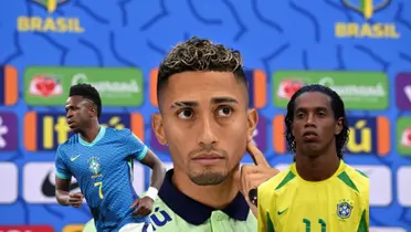 Raphinha puts his finger on his ear while Vinicius Jr. and Ronaldinho are next to him.