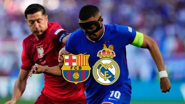 Robert Lewandowski and Kylian Mbappé battle for the ball as the FC Barcelona and Real Madrid badges are below them. (Source: Barca Universal X)