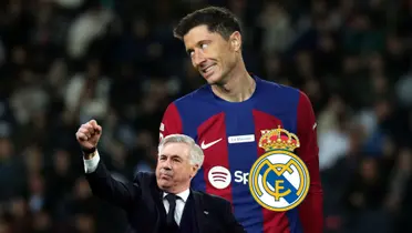 Robert Lewandowski worried during an FC Barcelona game while Carlo Ancelotti celebrates.