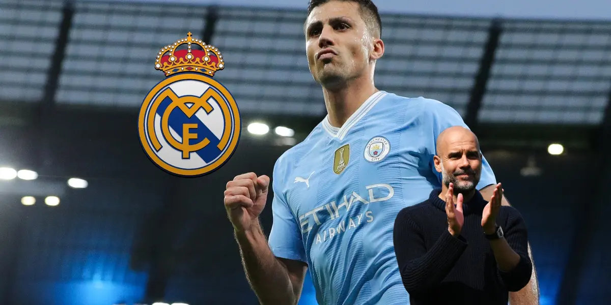 Rodri celebrates his goal while wearing a Manchester City jersey and Pep Guardiola claps with a slight smile. Real Madrid badge is next to Rodri.