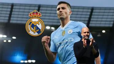 Rodri celebrates his goal while wearing a Manchester City jersey and Pep Guardiola claps with a slight smile. Real Madrid badge is next to Rodri.