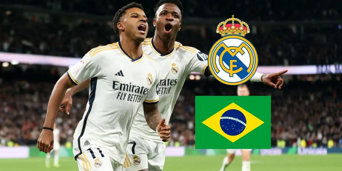 Rodrygo and Vinicius Jr. celebrate a goal together while wearing the Real Madrid jerseys; the Real Madrid badge and the Brazil flag is next to them.