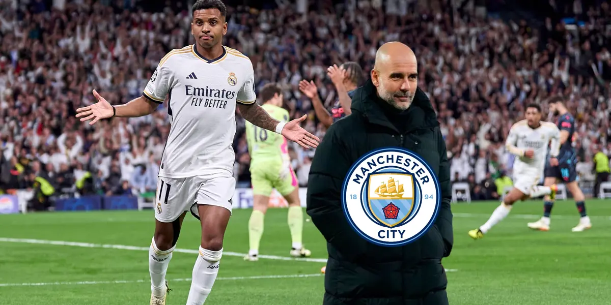 Rodrygo celebrates his Real Madrid goal while Pep Guardiola grins and has the Manchester City badge on him.