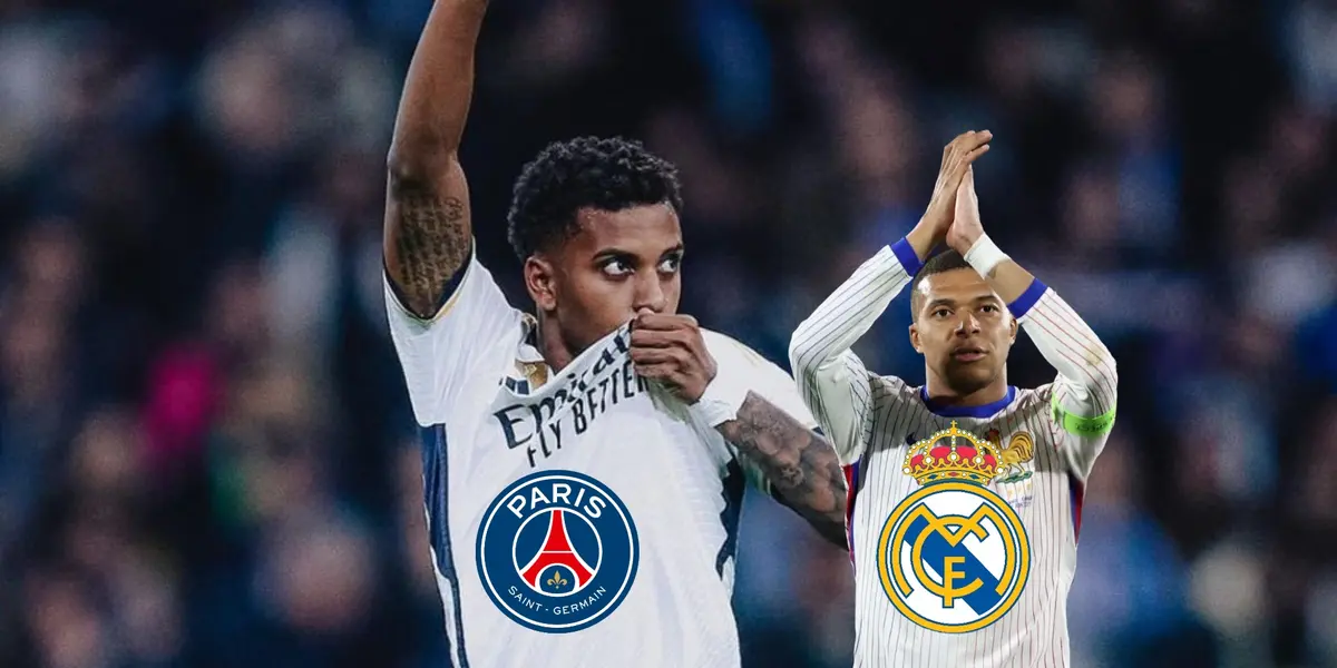 Rodrygo kisses the Real Madrid crest while Kylian Mbappé claps while wearing the France jersey; the PSG and Real Madrid badges are below them. (Source: Fabrizio Romano X, Getty Images)