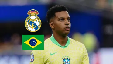 Rodrygo looks up while he wears the Brazil jersey as the Real Madrid badge and the Brazil flag is next to him. (Source: Ginga Bonito X)
