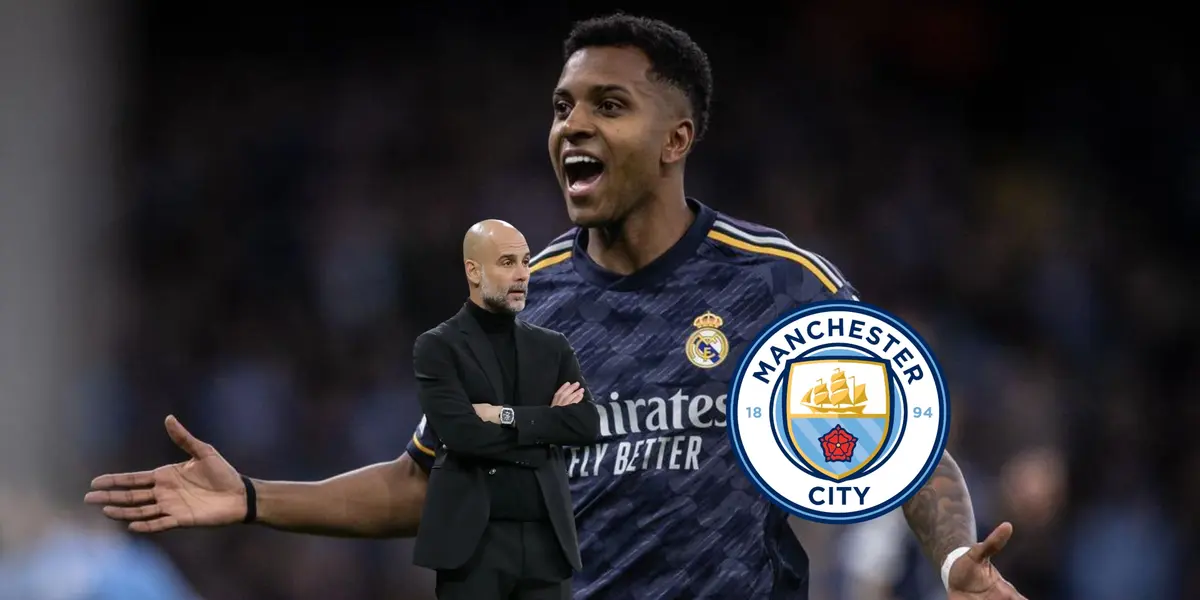 Rodrygo smiles while wearing the Real Madrid jersey and Pep Guardiola crosses his arms; the Man City badge is next to him.