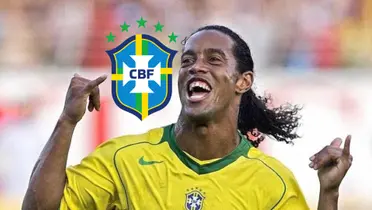 Ronaldinho Gaucho smiles as he celebrates a goal while wearing the Brazil jersey; the Brazilian national team badge is next to him.