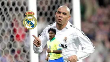 Ronaldo Nazario celebrates a goal for Real Madrid as the Real Madrid badge is next to him and Endrick is below him wearing the Brazil jersey. (Source: Real Madrid)