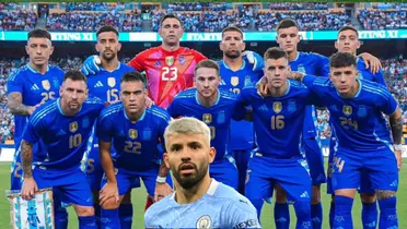 Sergio Aguero looks concerned while the Argentina national team poses for a team picture.