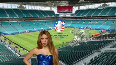 Shakira poses for a picture while the Copa America logo is in the middle and money is next to it; Hard Rock Stadium is in the background. (Source: Billboard, CONMEBOL, Leandroquesada X)