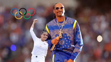 Snoop Dogg performs in the 2022 Super Bowl while Salma Hayek wears a white outfit and the Olympics symbols are next to them. (Source: Pubity X, Getty Images)