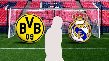 The Borussia Dortmund and Real Madrid badges are by the goal while a mystery legend is in the middle.