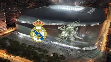 The Real Madrid badge is next to flying $100 bills while the Santiago Bernabeu is in the background. (Source: DeadlineDayLive X)