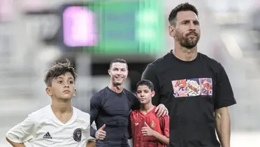Thiago Messi and Lionel Messi look at the stands while Cristiano Ronaldo and Ronaldo Jr. pose for a picture together.