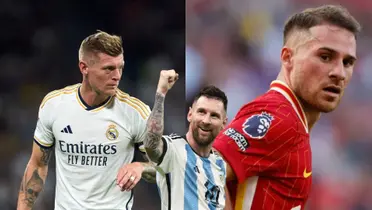 Toni Kroos is wearing the Real Madrid jersey while Mac Allister wears the new Liverpool jersey; Lionel Messi is in between of them.