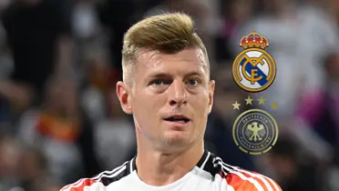 Toni Kroos looks tired as he wears the Germany jersey while the Real Madrid and the Germany national team badges are next to him. (Source: Fabrizio Romano X)