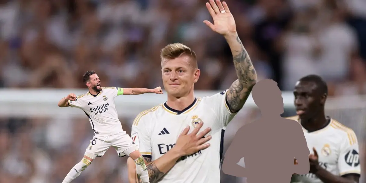 Toni Kroos waves goodbye as Nacho Fernandez celebrates and a mystery player is next to them. (Source: Real Madrid X)