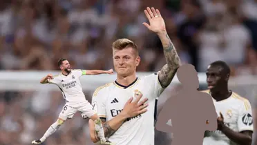 Toni Kroos waves goodbye as Nacho Fernandez celebrates and a mystery player is next to them. (Source: Real Madrid X)
