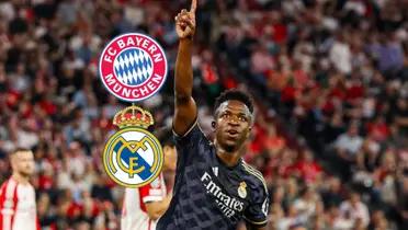 Vinicius Jr celebrates his goal against Bayern Munich at the Allianz Arena. 