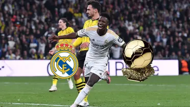 Vinicius Jr. celebrates his goal for Real Madrid as the club logo and the Ballon d'Or is next to him. (Source: Vini_Ball X)