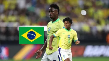 Vinicius Jr. looks concerned while Endrick runs for the ball as the Brazilian flag is next to him. (Source: Centre Goals X)