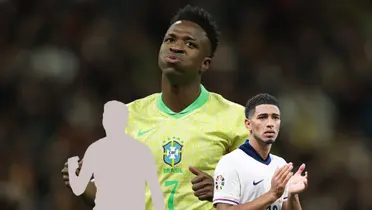Vinicius Jr. looks disapointed with the Brazil jersey while Jude Bellingham looks upset with an England jersey on. (Source: RAFAEL RIBEIRO/CBF, X)