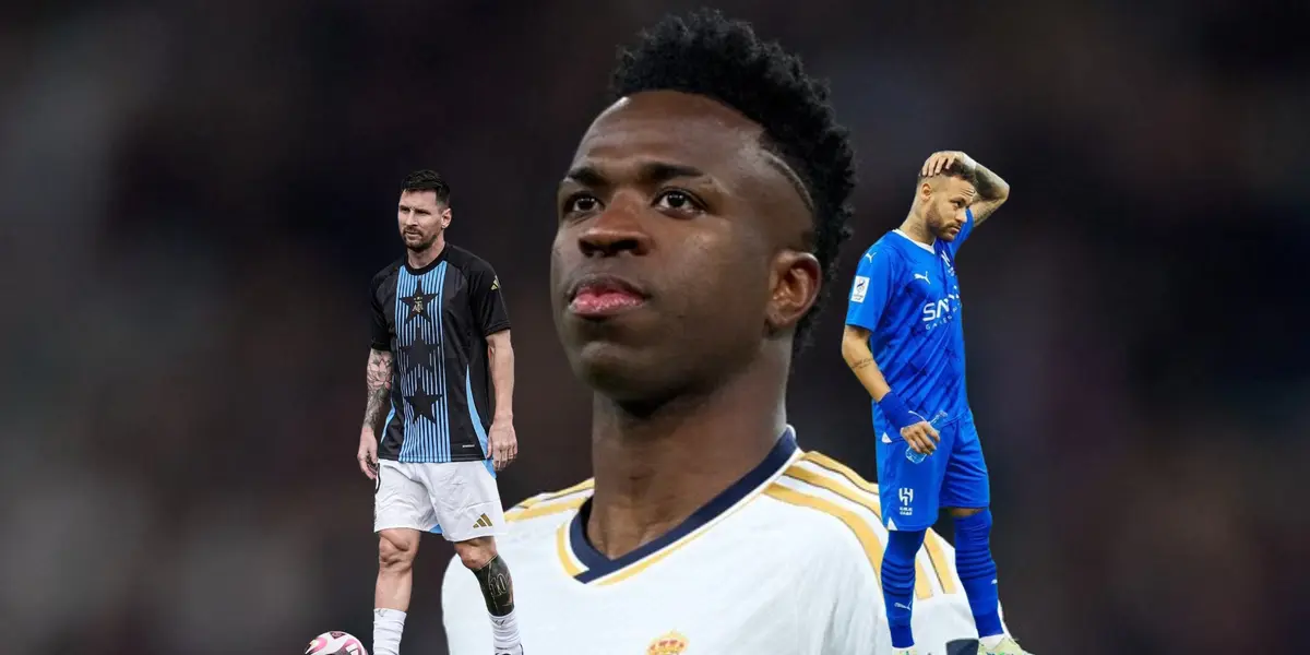 Vinicius Jr. looks serious while wearing the Real Madrid jersey; Lionel Messi wears the Argentina pre-match kit and Neymar wears the Al Hilal jersey.