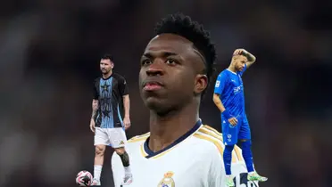 Vinicius Jr. looks serious while wearing the Real Madrid jersey; Lionel Messi wears the Argentina pre-match kit and Neymar wears the Al Hilal jersey.