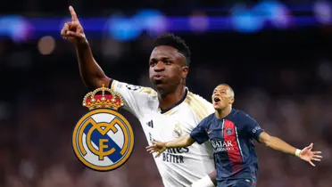 Vinicius Jr. points up with a Real Madrid jersey while Kylian Mbappé opens his arms out with a PSG jersey; there is a Real Madrid badge next to them.