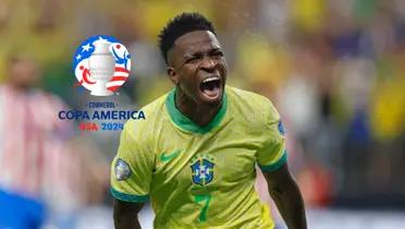 Vinicius Jr. screams as he represents the Brazilian national team and the Copa America logo is next to him. (Source: CONMEBOL, GingaBonitoHub X)