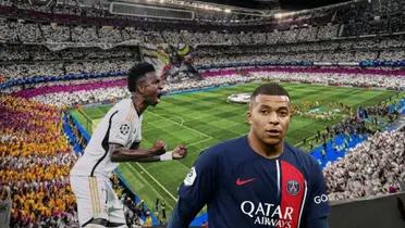 Vinicius Jr screams with a Real Madrid jersey and Kylian Mbappé looks tired wearing a PSG jersey.