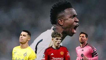 Vinicius Jr. screams with joy while Cristiano Ronaldo, Alejandro Garnacho, and Lionel Messi are focused with their teams.