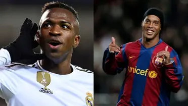 Vinicius Jr. with the Real Madrid jersey and Ronaldinho with FC Barcelona jersey.