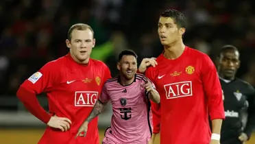 Wayne Rooney and Cristiano Ronaldo are together wearing Manchester United jerseys while Lionel Messi smiles and points while wearing an Inter Miami jersey.