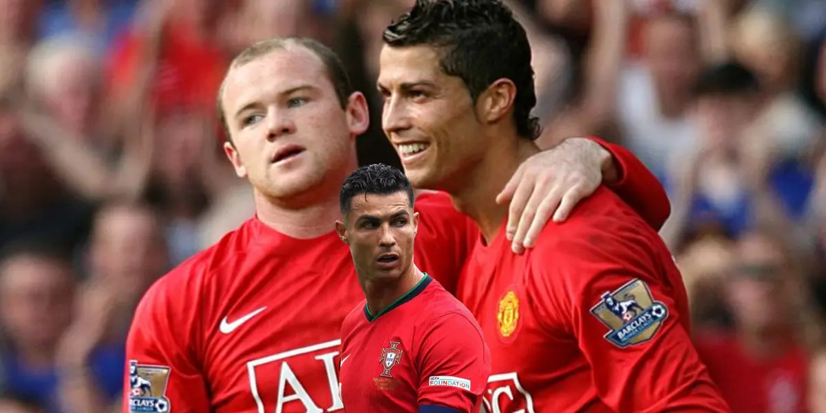 Wayne Rooney and Cristiano Ronaldo celebrate together at Manchester United and Ronaldo looks serious with a Portugal jersey. (Source: Sky Sports)