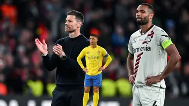 Xabi Alonso and Jonathan Tah look upset after the Europa League Final and Cristiano Ronaldo has his hands on his hips while wearing the Al Nassr jersey.