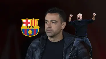 Xavi Hernandez looks serious while Pep Guardiola celebrates, an FC Barcelona badge is next to Xavi.