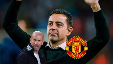 Xavi Hernandez looks up while Zinedine Zidane looks to the side; the Manchester United logo is next to him.
