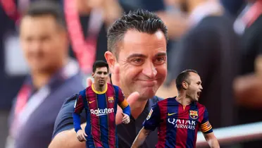Xavi smiles as the FC Barcelona manager; Messi is serious with the Barca jersey and Iniesta screams with a Barca jersey.
