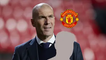 Zinedine Zidane looks concerned as the Manchester United bade is next to him and the mystery manager is below him.