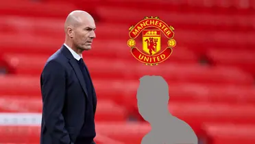 Zinedine Zidane looks serious while the Manchester United badge and a mystery manager is next to him.