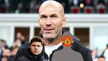Zinedine Zidane looks up as Mauricio Pochettino looks serious; the mystery coach as the Manchester United badge.