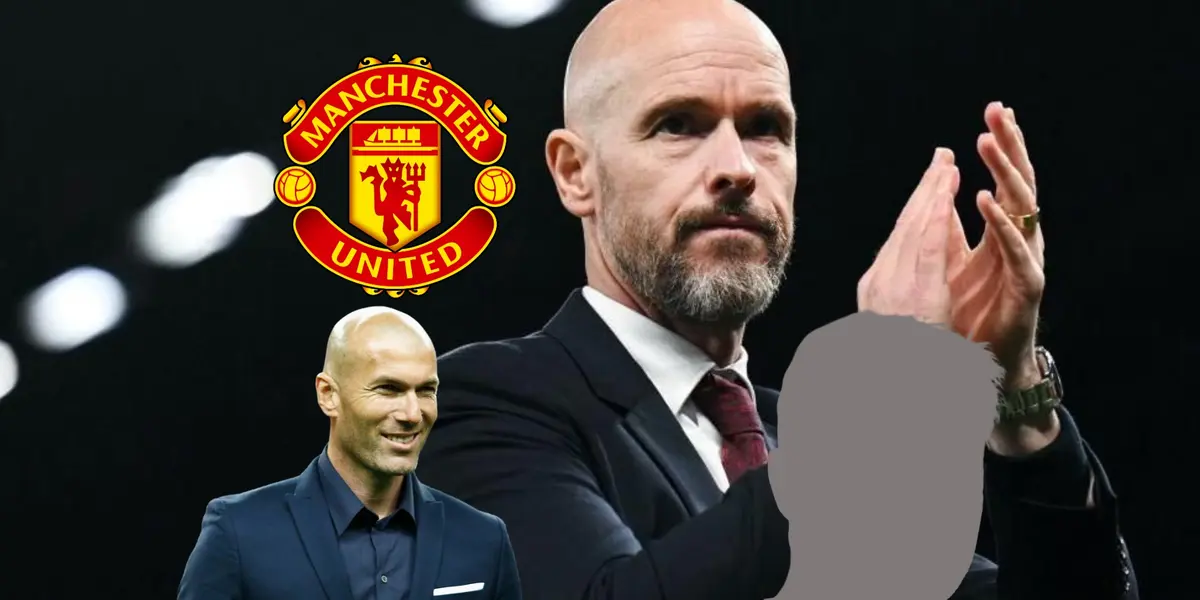 Zinedine Zidane smiles while Erik Ten Hag claps looking serious, who is next to a Manchester United logo; a mystery manager is below Ten Hag.