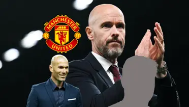 Zinedine Zidane smiles while Erik Ten Hag claps looking serious, who is next to a Manchester United logo; a mystery manager is below Ten Hag.