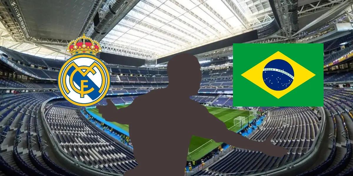 A msytery player celebrates a goal at the Santiago Bernabeu while the Real Madrid badge and the Brazil flag is next to him. (Source: Forbes, Getty Images)