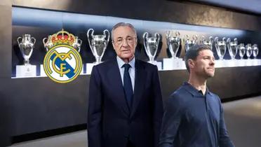 A Real Madrid logo next to Florentino Perez in the Real Madrid museum filled with Champions League titles; Xabi Alonso looks up with a plain shirt.