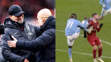 Alexis Mac Allister seems to be fouled in the box and Jurgen Klopp comments on it.