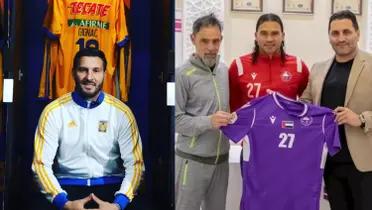 André-Pierre Gignac with the Tigres sweater and Carlos Peña with the Al Dhaid jersey.