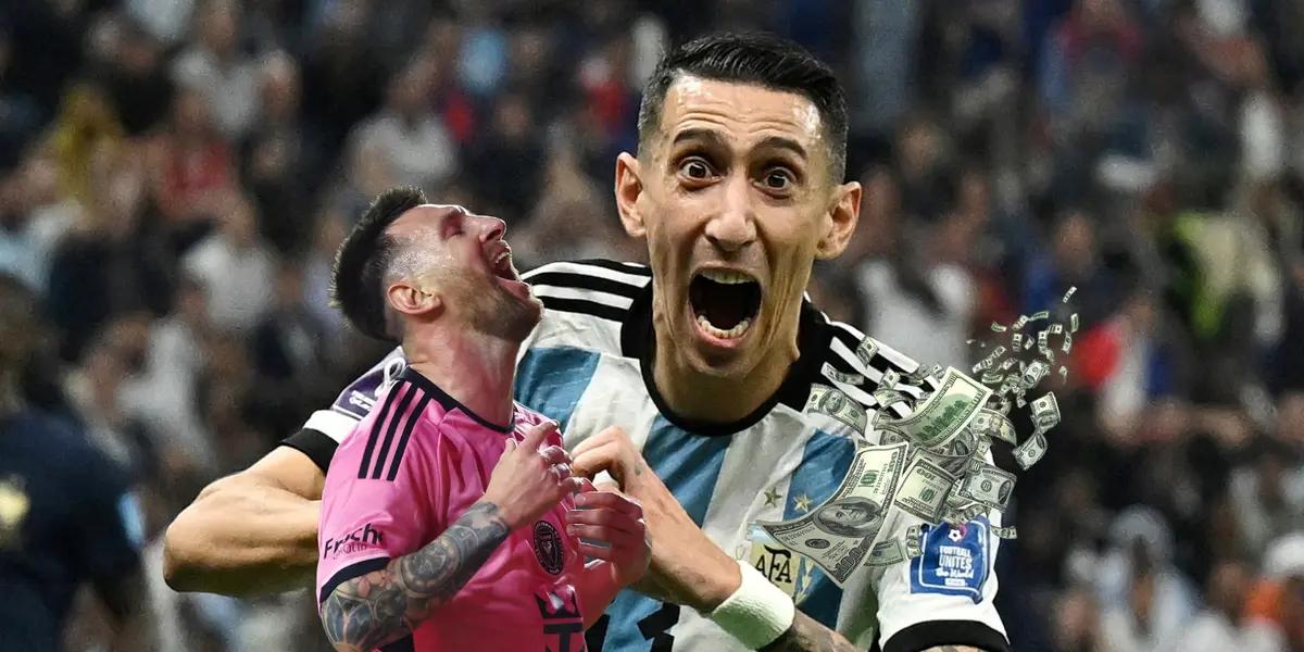 Angel Di Maria celebrates a goal for Argentina while Lionel Messi screams with Inter Miami.