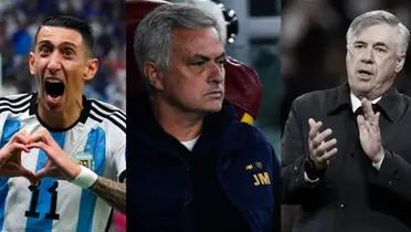 Angel Di Maria with Argentina national team jersey, Jose Mourinho and Carlo Ancelotti.
